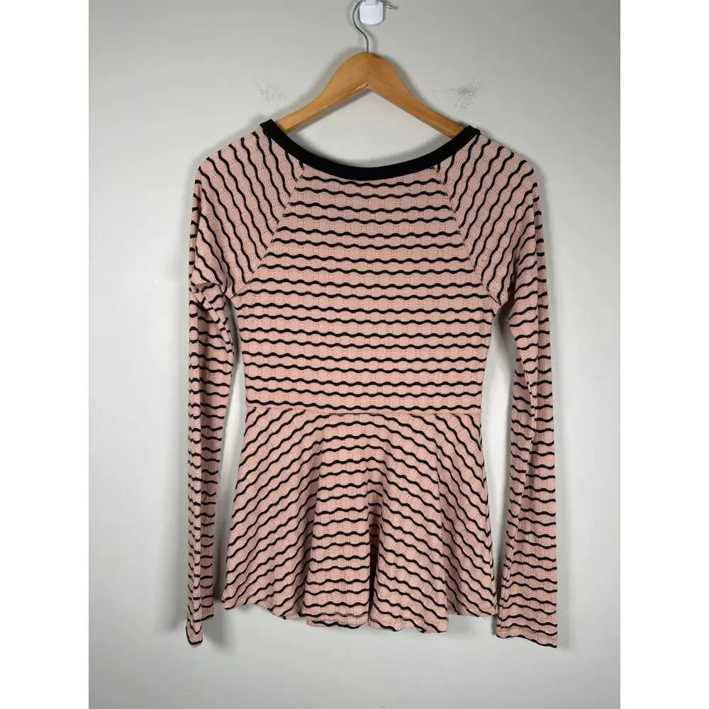 Free People Wavy Stripe Pointelle Peplum Long Sleeve Top‎ Size S Peach Black